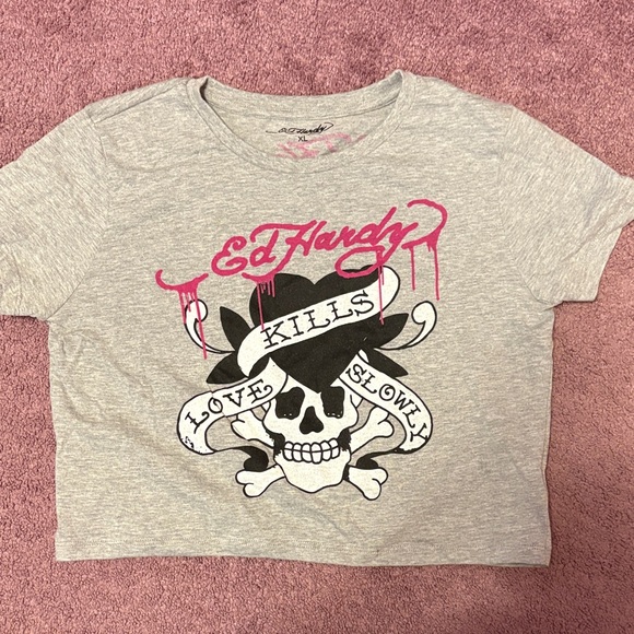 Ed Hardy Tops - Ed Hardy Gray Crop Top with Pink Logo and Black Skull Graphic